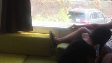 Wife giving risky blowjob in front of window in a camping - 2 image