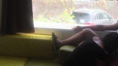 Wife giving risky blowjob in front of window in a camping - 3 image