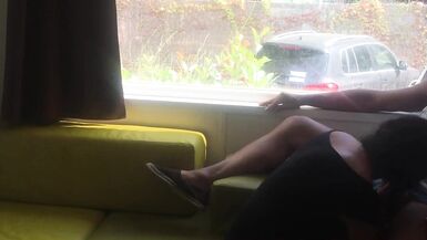 Wife giving risky blowjob in front of window in a camping - 4 image
