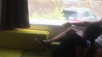 Wife giving risky blowjob in front of window in a camping - 5 image