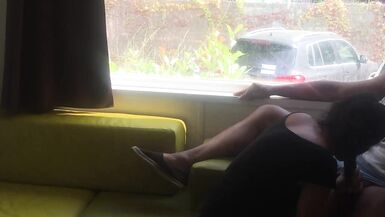 Wife giving risky blowjob in front of window in a camping - 6 image