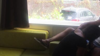 Wife giving risky blowjob in front of window in a camping - 9 image