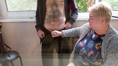 girl jerks off my cock on the balcony